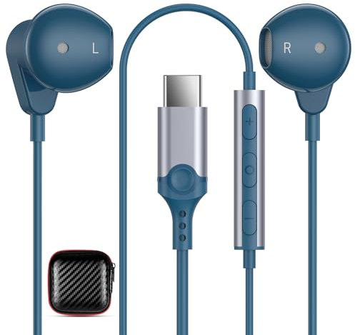 APETOO USB C Headphones for iPad 10th iPhone 16 15 Plus, HiFi Stereo Type C Earphones USB-C Wired Earbuds with Microphone Volume Control for Samsung S24 Ultra/S23/S22/S21/S20/A53, Pixel 9 8, Lake-Blue