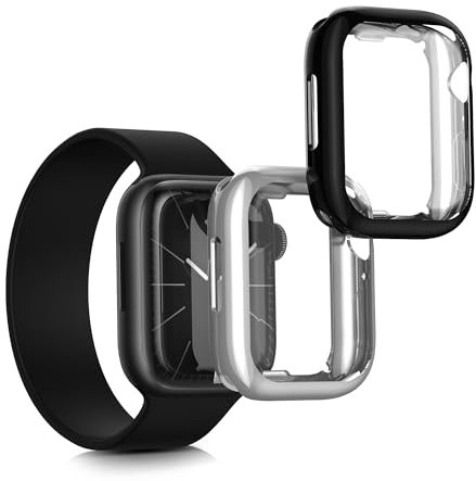 kwmobile Set 2x Custodia Smartwatch Compatibile con Apple 45mm Watch 9 / Watch 8 / Watch 7 (45mm) Cover - Case Silicone Protezione Orologio Fitness nero/argento