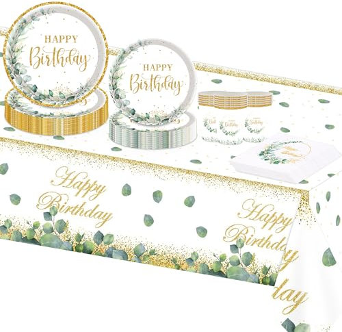 MAGLAUG Sage Green Decorations Disposable Paper Plates Cups Napkins Tablecloth - Kids Women Men Birthday Table Supplies (20 Guest Set)