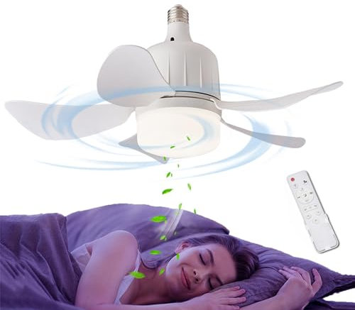 Sollee Ventilatore a lampadina con telecomando, ventilatore da soffitto con presa di luce,Ventilatore da soffitto a 3 velocità del con luce LED - Lampadine a la creative con 3 modalità di