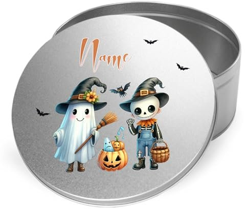 GRAZDesign Keksdose Halloween mit Namen personalisiert für Süßigkeiten Metall Eule Gruselgeschenke (Motiv 2, 19x7cm)