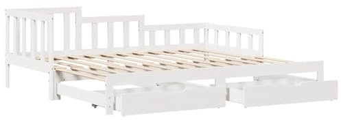 vidaXL Tagesbett, Bettsofa Ausziehbar mit Schubladen, Gästebett ohne Matratze mit Lattenrost, Ausziehbett Schlafsofa, Weiß 90x190cm Massivholz Kiefer