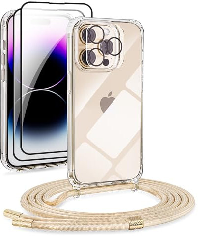 DiDaDi [5 in 1 1*Handykette Set für iPhone 15 Pro Hülle mit Band + 1*Transparent Schutzhülle+2*Schutzfolie+1*kameraschutz Glas, Abnehmbar Necklace Stylische Handyhülle zum Umhängen Kordel Case (Gold)