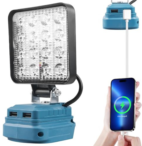 Akku LED Arbeitsleuchte für Makita 18V, 18W 5400LM LED Baustrahler Akku Lampe mit 2 USB Aufladung, LED Strahler Akku Scheinwerfer, Flutlichter Baustellen Lampe für Makita 18V