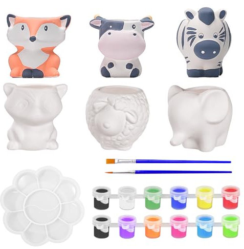 Paint Your Own Ceramic Planter - 6 Pcs Cute Pottery Painting Kit for Succulent Planter, Paintable Plant Pot Sets for Kids, DIY Ceramic Flower Pots, Pottery Kit for Adults Desk DIY Activity Home Decor