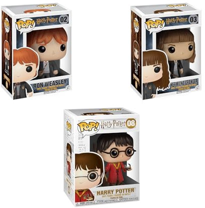 Funko Pop! Movies: Harry Potter - Paquete de 3 - Ron Weasley (#02), Hermione Granger (#03) y Quidditch Harry (#08) Figuras de vinilo coleccionables