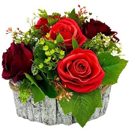 B4y Home dESING Grabgesteck Tischdeko künstliche mit Übertopf 25cm hoch Grabdeko Grabblume Arrangement wie echt (Rot)