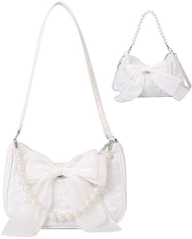 FOSDICK Perle Handtasche Damen Klein, Vintage Fliege Schultertasche Damen, Modisch Crossbody Bag Damens, Praktisch Umhängetaschen, Kompakt Shoulder Bags Women, Weiß Moon Bag