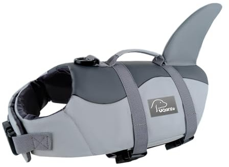 Voarge Giubbotti di salvataggio per cani squalo, Salvagente Cane Squalo con Manico e Catarifrangente, Pet Gilet di sicurezza Costumi da bagno Dog Life VestGrigio, S M (Grau, XS)