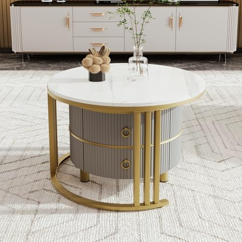 LANTRO JS Couchtisch Rund, Satztisch 2er Set, Couchtisch mit Stauraum, Wohnzimmertisch, 70 * 70 * 46 und 50 * 50 * 40cm (Grau und weiß)