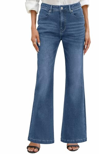 PASUDA Jean Femme Taille Haute Jean Évasé Elastique Pantalon Stretch Slim Vintage Jeans Bootcut Flare Large Denim Leggings Grande Taille Extensible avec Poches (Bleu Marine, XXL)
