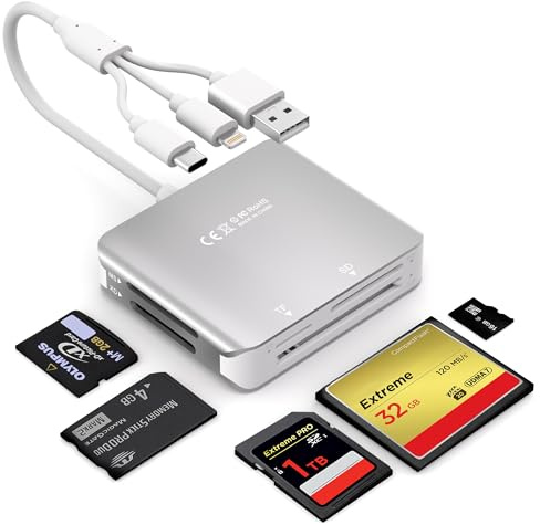Lettore Memory Stick Pro Duo, lettore di schede SD/MS/TF/CF/XD 5 in 1 con Lightning+USB A+USB C, lettore di schede di memoria multiplo con supporto OTG, trasferimento dati veloce