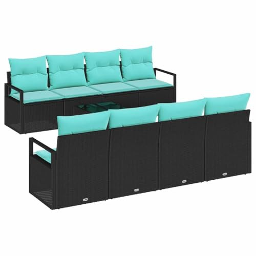 vidaXL Sofa Set mit Kissen 7 pcs Schwarz und Hellblau Poly Rattan, Garten- und Terrassensofa-Set, modern, langlebig, modular, leicht, UV-beständig, Bequeme, Coole Möbelkollektion