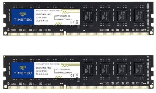 Timetec Premium Kit da 16 GB (2 x 8 GB) DDR3 / DDR3L 1333 MHz PC3-10600 Non-ECC unbuffered 1,5 V/1,35 V CL9 2Rx8 Dual Rank 240 pin UDIMM memoria RAM per computer desktop PC Upgrade (Kit da 16 GB (2 x