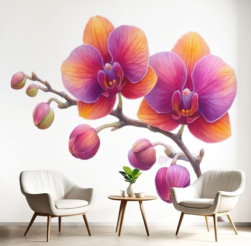 Fototapete Aquarell Blüten 3D Effekt Tapete, Orchideen Zweige Motiv Wandbild Seidenstoff Wandtapete, Wohnzimmer Schlafzimmer Kinderzimmer Wanddeko, Lila 450x315cm (B×H)