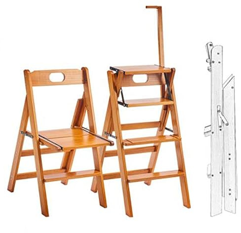 LWJSOCP Steps Solid Wood Folding Library Ladder Chair Step Ladders Step Chair, Foldable 4-Step Stool Dual Purpose Stepladders with Handrail,4-Step Climb Step Display Stand Flower Stand Ste
