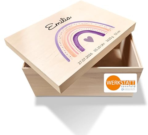 Handgefertigte Holzbox (40 x 30 x 22cm) mit Regenbogen lila I Erinnerungsbox Baby aus Holz mit Deckel I Geschenk zur Geburt oder Taufe | Praktische Aufbewahrungsbox