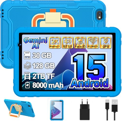 Tablet bambini 10 Pollici Android 15 con Gemini AI, 30GB+TF 2TB - Blu | Custodia protettiva EVA antiurto+Staffa girevole a 360°, Controllo Parentale, Widevine L1, 8000mAh, Octa-Core, 5G WiFi, GPS