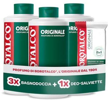 Borotalco, Kit con 3 Bagnodoccia e Deo-Salviette, Azione Detergente e Deodorante, con Molecole Anti‑Odore, Durata 48h, 0% Alcol, per Uso Quotidiano, 3x500 ml, 12 Salviette - Esclusiva Amazon