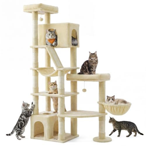 Feandrea Kratzbaum groß, 188 cm hoch, Katzenbaum für Große Katzen, mit 7 Sisalstämmen, 1 Kratzbrett, Doppelhöhle, große Plattform, für Mehrere Katzen, Beige, Clawfy Kollektion PCT016Y101
