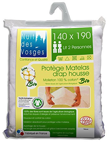 Nuit des Vosges Protège Matelas Molleton Bio, 100% Coton, Blanc, 140 x 190 cm