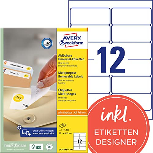 AVERY Zweckform L4743REV-100 Universal Etiketten (1.200 Klebeetiketten, 99,1x42,3mm auf A4, wieder rückstandsfrei ablösbar/abziehbar, individuell bedruckbare, selbstklebende Aufkleber) 100 Blatt, weiß