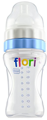 Flori Babyflasche für Unterwegs, Mix und Go ! Optimal für Nachtfütterung, Trinkflasche mit Sauger, BPA frei, Anti Kolik Trinksauger, 100% Made in Germany, 300 ml, blau