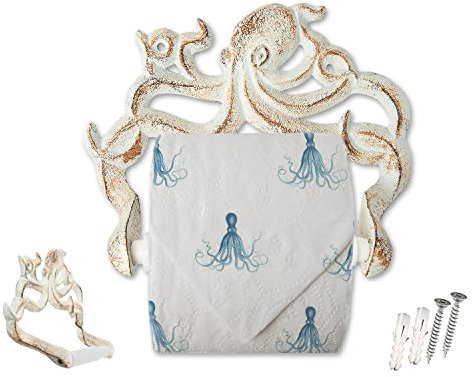 Dekorativer Toilettenpapierhalter aus Gusseisen - Wandmontiertes Oktopus-Dekor für das Badezimmer - Krake, maritimes Badzubehör - Einfache Montage Dank mitgelieferter Schrauben und Dübel
