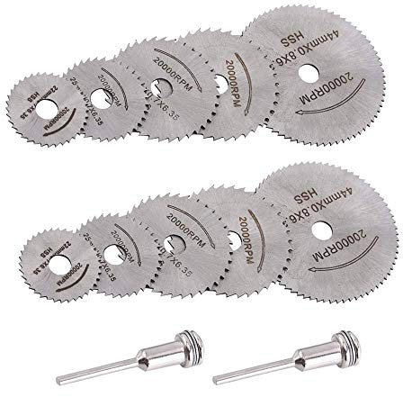 Saipor 12pcs/2Sets HSS Circular Wood Cutting Saw Blade Discs with 2pcs 1/8 Shank Extension Rod for Dremel Rotary tool Mandrel