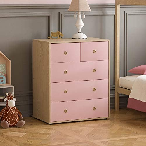 Junior Vida Neptune Commode à 5 tiroirs de Rangement Moderne pour Chambre d'enfant (Rose et chêne)