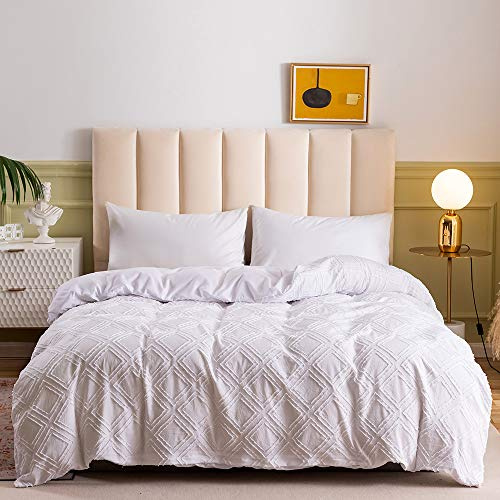 Loussiesd Tufted Chenille Bedding Set Clipped Jacquard Diamond Comforter Cover King Size Luxury Solid White Geometric Duvet Cover Set For Kids Teens Women Men Bedroom Decor,Soft, Zipper Closure