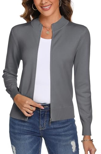 Aottori Cardigan Donna con Zip Maglione Cerniera Leggero Giacca in Maglia Elegante Golfino a Maniche Lunghe Pullover Aperta Casual per Primavera Autunno Invernale Grigio XXL