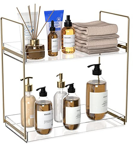 Bathroom Countertop Organizer, 2 Tier Acrylic Tray Vanity Counter Skincare Organizer Shelf, Kitchen Under Sink Standing Rack, Home Storage Holder for Lotion Makeup Cosmetics Perfume Spice, Gold