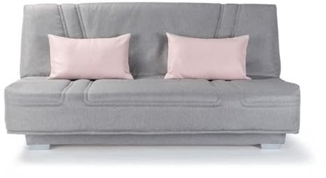 GRUHIER Comfort BULTEX Banquette clic clac - Tissu Gris + Coussins Deco Rose - L193 x P9