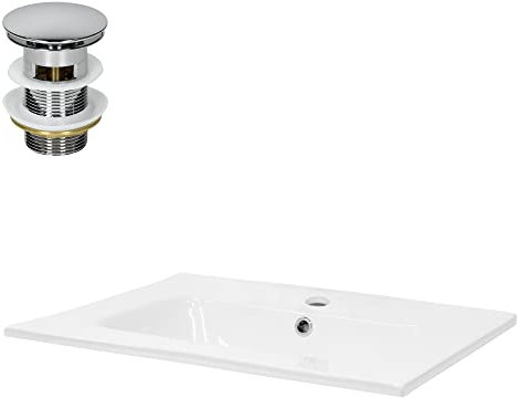 ML-Design Lavabo de Cerámica Encastrado 61 x 16,5 x 46 cm Blanco, Lavamanos Integrado Mueble Sanitario Baño o Aseo, Lavadero Moderno y Elegante, Pila Común Incluye Juego de Desagüe con Rebosadero