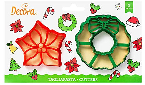Decora 0255038 Set 2 Tagliapasta Ghirlanda E Stella Di Natale In Plastica, Il Kit Ideale per Creare Decorazioni in Pasta di Zucchero o di Gomma, Made in Italy, Design originale. Confezione da 2 pezzi.