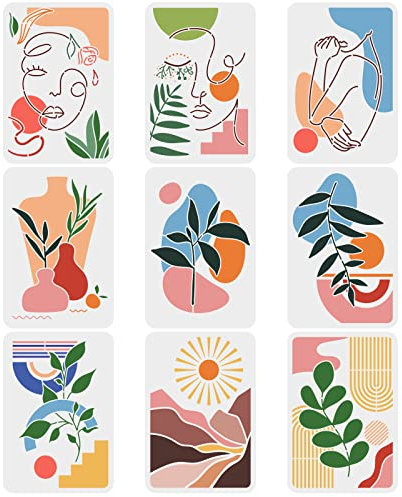 FINGERINSPIRE 9 STÜCKE Boho Sonnenaufgang Schablonen Abstrakte Kunst Schablonen 29,7x21cm Tropische Pflanzen Schablonen Weibliche Gesichtsbemalung Kunststoff Schablonen für Holz, Leinwand, Papier