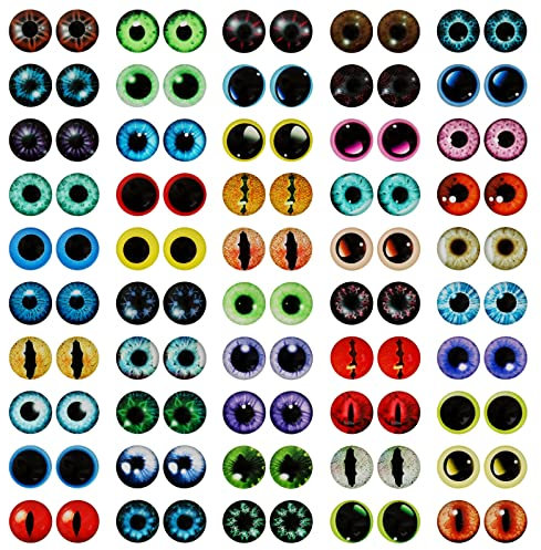 MWOOT 100 Stück 12MM Glasaugen Glas Drachenauge, 50 Stil Colorful Dragon Eyes Glass Cabochon Eyes, Katze Eule Vogel Mensch Glas Puppenaugen für DIY Halloween Puppen Schmuckkreationen Handwerk Zubehör