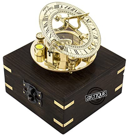 Kompass Sonnenuhr mit Gravur, poliertes Messing-Finish mit Marine Sailor Holz Anker Box Marine Nautical Decor Geschenk
