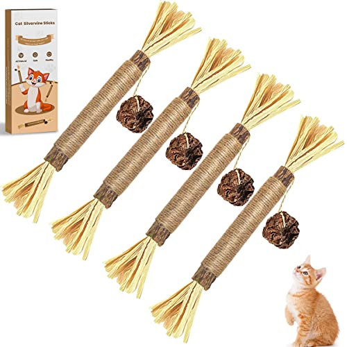 Aucenix Natural Catnip Chew Sticks for Kitten Teeth Cleaning, Silvervine Cat Toys with Catnip, Dental Sticks for Indoor Cats (Brown-4pcs)