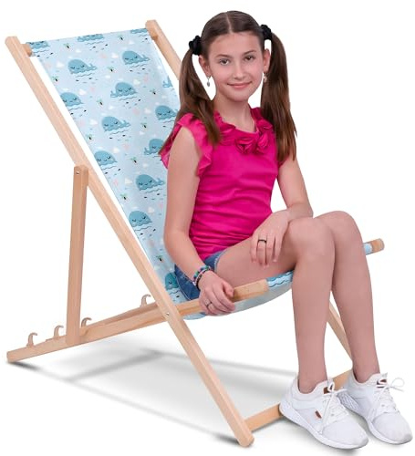 DreamRoots Kinder Liegestuhl Holz Gr. M, Happy Whale | Klappbarer Campingstuhl faltbar, für Garten & Strand, bis 130 kg, waschbarer Bezug, 100% Polyester, UV-beständig, Kinderliege