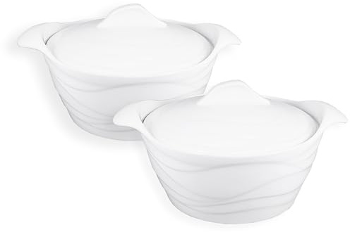 JINSONGDAFA Casserole Dish 31.8 ounce French White Ceramic Bakeware Set with Lids, Chip and Crack Resistant Stoneware Baking Dish, Microwave, Dishwasher, Oven, Freezer and Fridge Safe (8.7 Inch)