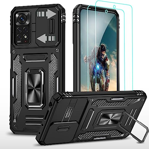 YmhxcY Hülle Für Xiaomi Redmi Note 11/Xiaomi Redmi Note 11S Hülle,*2 Displayschutzfolie,Slide Camera Cover, Militär Grade Schutzhülle, 360°Drehen Metallständer-Schwarz