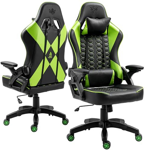 KRAKEN CHAIRS Chaise de Gaming en PVC Cuir - Noir Vert - Siege Gamer Adulte - Chaise de Bureau - Confortable Chaises de Gamer - 130 kg - Ergonomique Fauteuil Gaming - Réglable Accoudoir/Lombaire