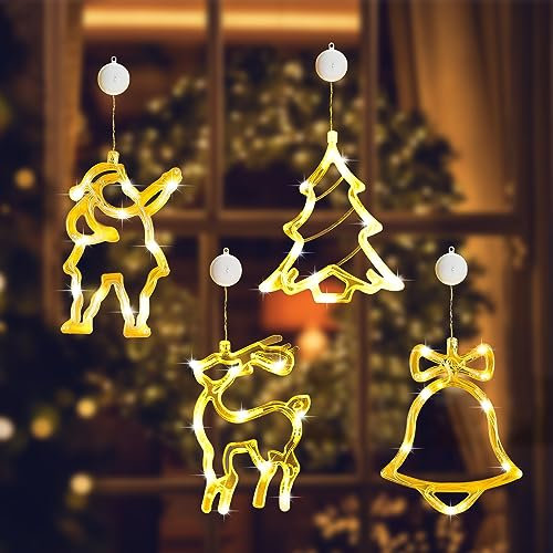 4Pcs Christmas Window Lights Battery Powered,Christmas Window Decorations Tree & Jingle Bell &Elk& Snow Man Shaped with Suction Cup,Christmas Curtain String Lights for Indoor Decor (Christmas 1)