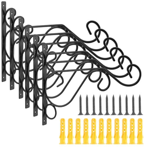 PINGEUI 6 Pack Hanging Brackets Hooks, Black Flower Basket Brackets Outdoor, Metal Wall Hooks Heavy Duty for Lanterns, Wind Chimes, Bird Feeder