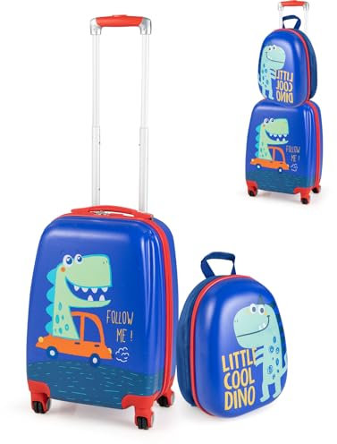 SOARS Kinderkoffer & Rucksack, Kindertrolley mit Rollen & verstellbarem Griff, Koffer Set, Kindergepäck, Reisekoffer Kinder Jungen & Mädchen, für Spielzeug, Kleidung (Dinosaurier B, 12+18)