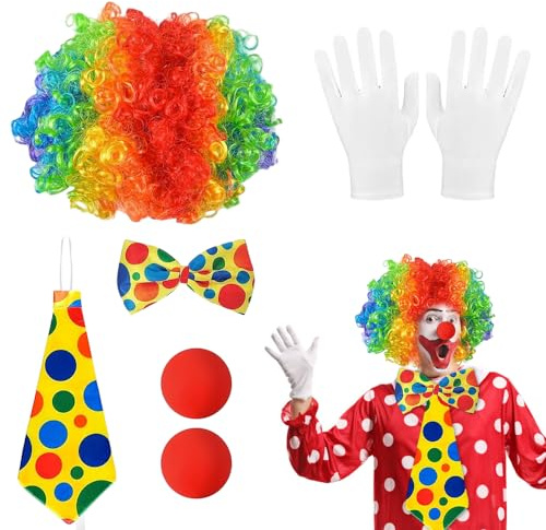 mizikuu 5 Stück Clown Kostüm Set, Clown Accessoire Faschingskostüme Kostümzubehör Regenbogen Lockenperücke Krawatte Nase Handschuhe Erwachsene Kinder für Clown Partys Karneval Kostüm Zubehör