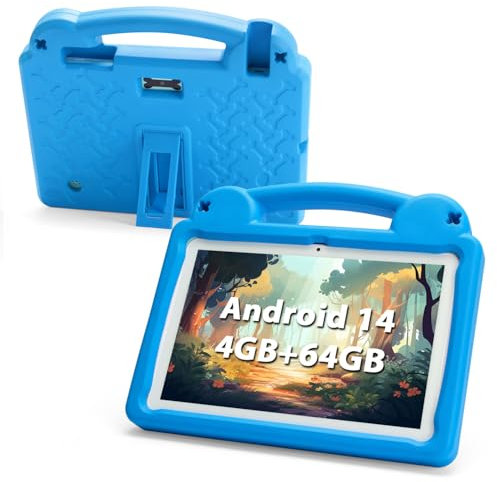paitanry Tableta infantil Android 13 de 10 pulgadas, 4 GB de RAM, 64 GB ROM, IPS HD 1280 x 800, Quad-Core, WiFi 6, 2.0 MP + 5.0 MP, GMS, control parental con funda a prueba de golpes y soporte (azul)