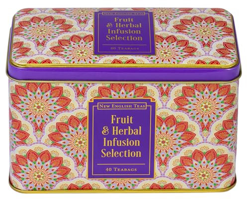 New English Teas Fruit & Herbal Tea Caddy with 40 Infusion Teabags - Rosehip, Hibiscus, Peppermint, Camomile, Black Tea with Lemon & Ginger